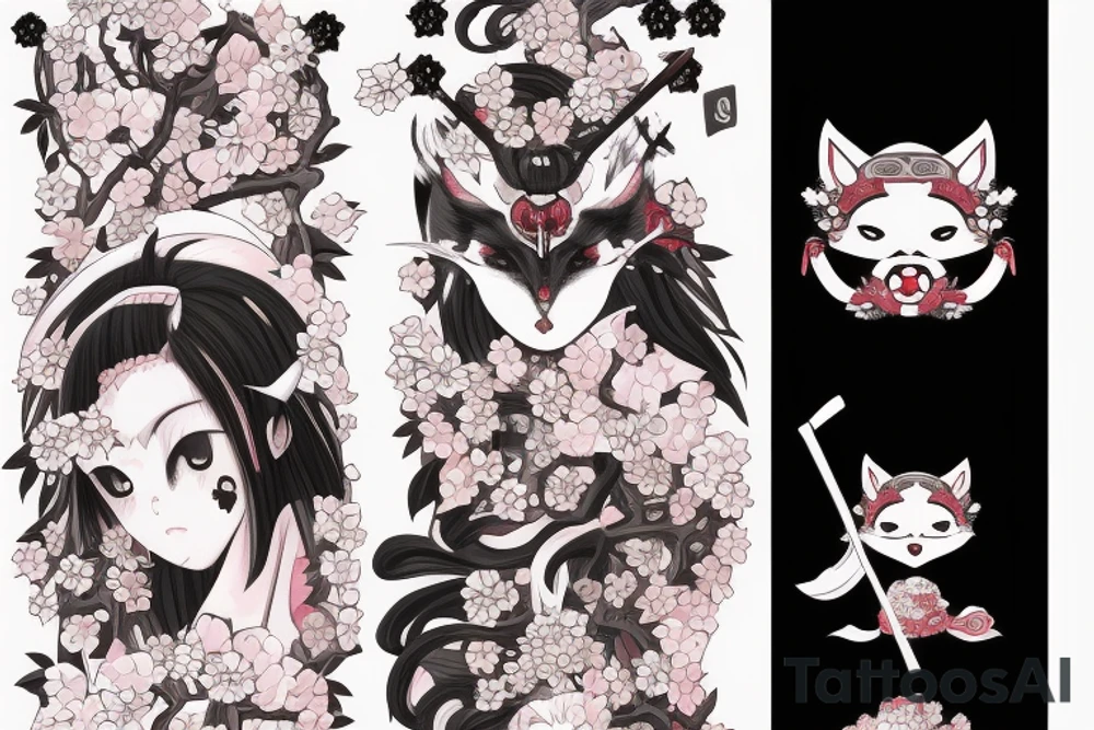 Anime fox girl holding katana, wearing oni mask on top of head, sorrounded by sakura trees, close up shot tattoo idea