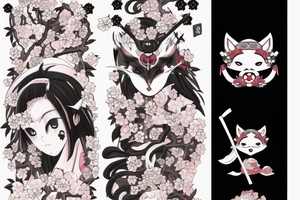 Anime fox girl holding katana, wearing oni mask on top of head, sorrounded by sakura trees, close up shot tattoo idea