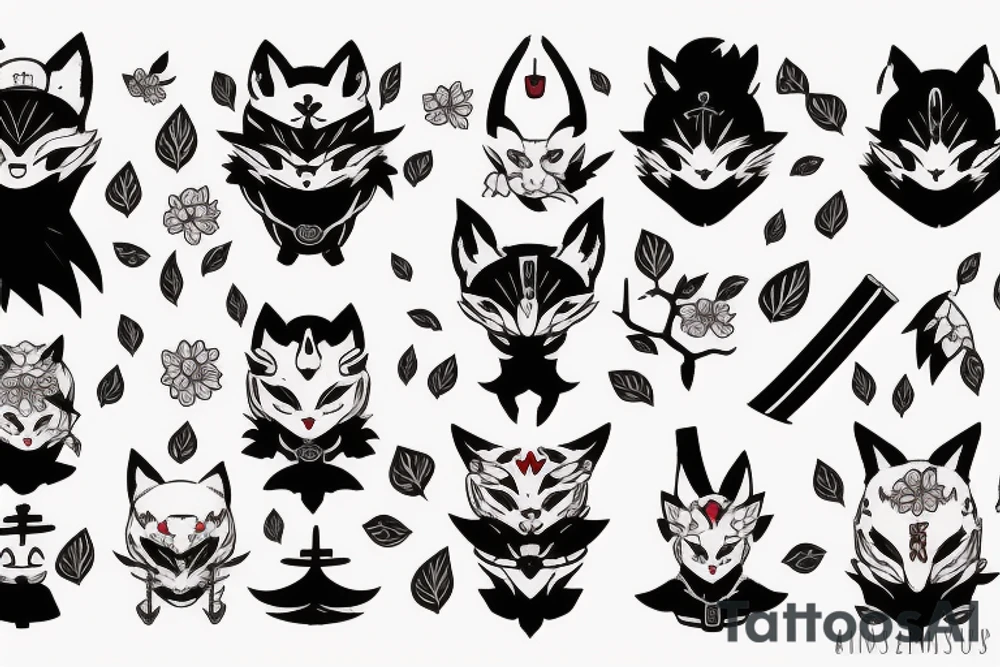 Anime fox girl holding katana, wearing oni mask on top of head, sorrounded by sakura trees, close up shot tattoo idea