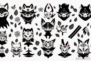 Anime fox girl holding katana, wearing oni mask on top of head, sorrounded by sakura trees, close up shot tattoo idea