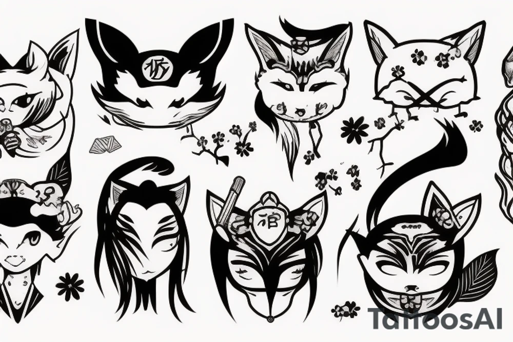 Anime fox girl holding katana, wearing oni mask on top of head, sorrounded by sakura trees, close up shot tattoo idea