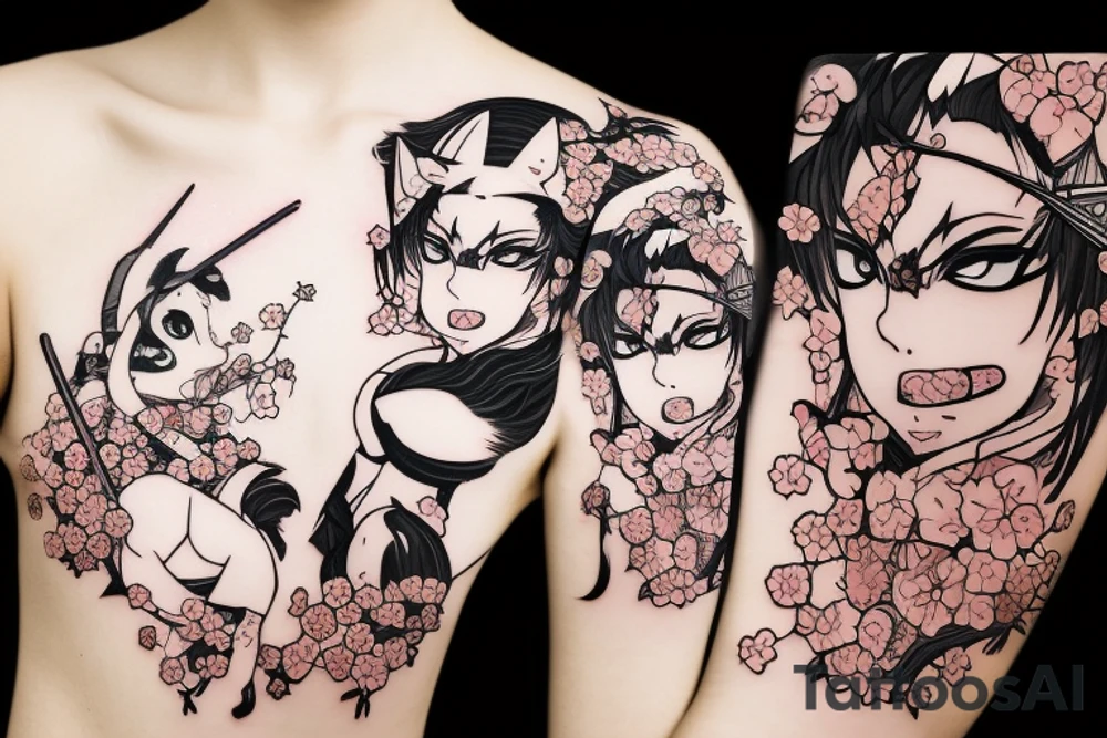 Anime fox girl holding katana, wearing oni mask on top of head, surrounded by sakura trees, close up shot tattoo idea