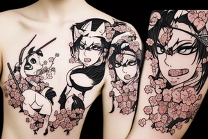 Anime fox girl holding katana, wearing oni mask on top of head, surrounded by sakura trees, close up shot tattoo idea