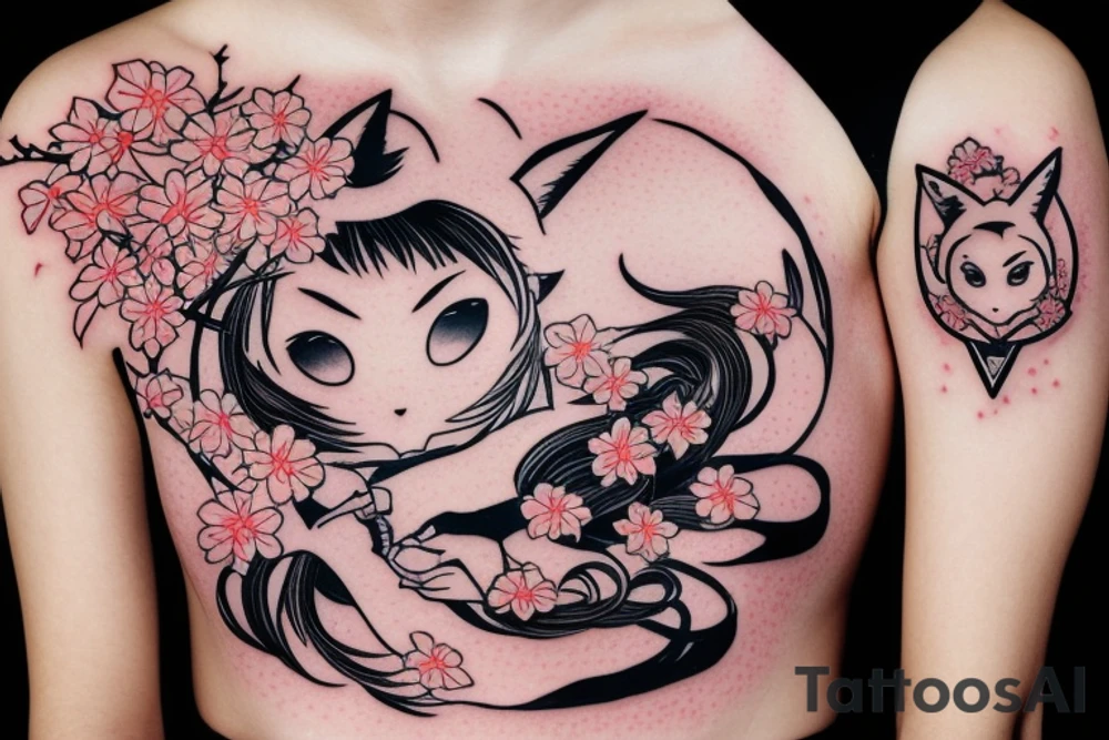 Anime fox girl holding katana, wearing oni mask on top of head, surrounded by sakura trees, close up shot tattoo idea