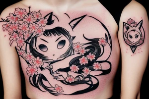 Anime fox girl holding katana, wearing oni mask on top of head, surrounded by sakura trees, close up shot tattoo idea