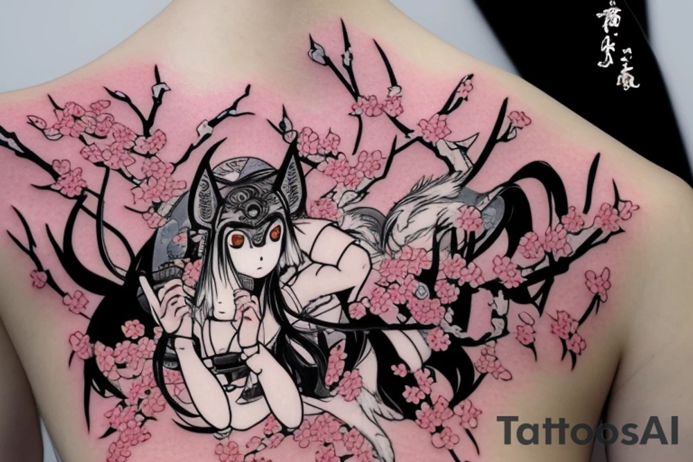 Anime fox girl holding katana, wearing oni mask on top of head, surrounded by sakura trees, close up shot tattoo idea