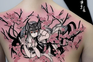 Anime fox girl holding katana, wearing oni mask on top of head, surrounded by sakura trees, close up shot tattoo idea