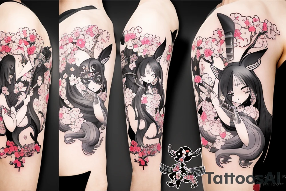 Anime fox girl holding katana, wearing oni mask on top of head, surrounded by sakura trees, close up shot tattoo idea