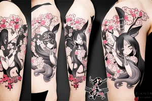 Anime fox girl holding katana, wearing oni mask on top of head, surrounded by sakura trees, close up shot tattoo idea