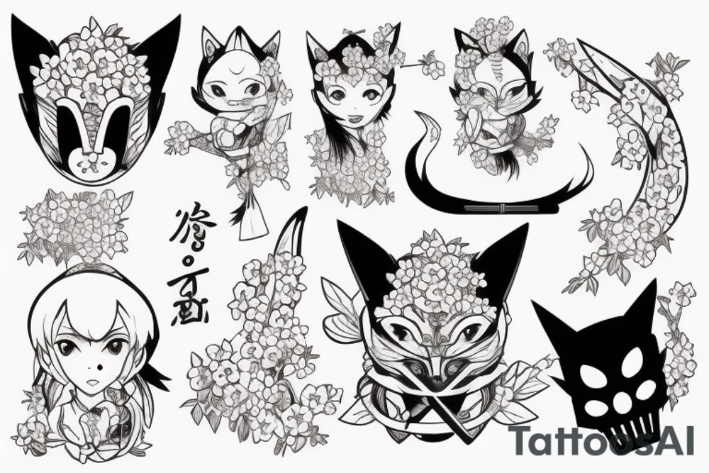 Anime fox girl holding katana, wearing oni mask on top of head, surrounded by sakura trees, close up shot tattoo idea