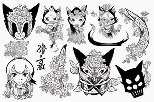 Anime fox girl holding katana, wearing oni mask on top of head, surrounded by sakura trees, close up shot tattoo idea