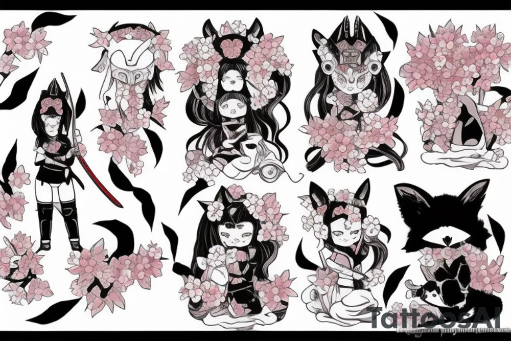 Anime fox girl holding katana, wearing oni mask on top of head, surrounded by sakura trees, close up shot tattoo idea