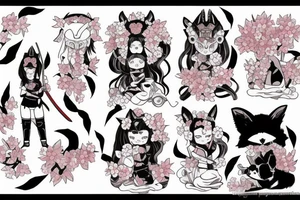 Anime fox girl holding katana, wearing oni mask on top of head, surrounded by sakura trees, close up shot tattoo idea