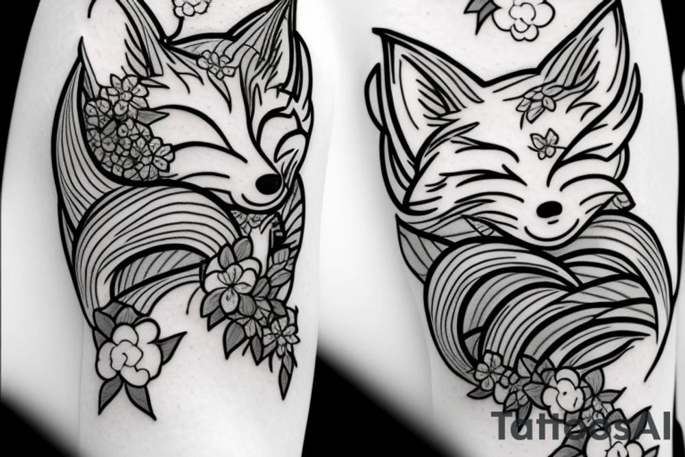 Anime fox girl, surrounded by sakura trees, close up shot, upper arm tattoo tattoo idea