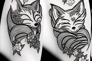 Anime fox girl, surrounded by sakura trees, close up shot, upper arm tattoo tattoo idea