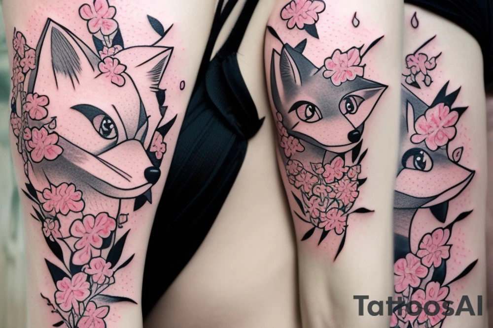 Anime fox girl, surrounded by sakura trees, close up shot, upper arm tattoo tattoo idea