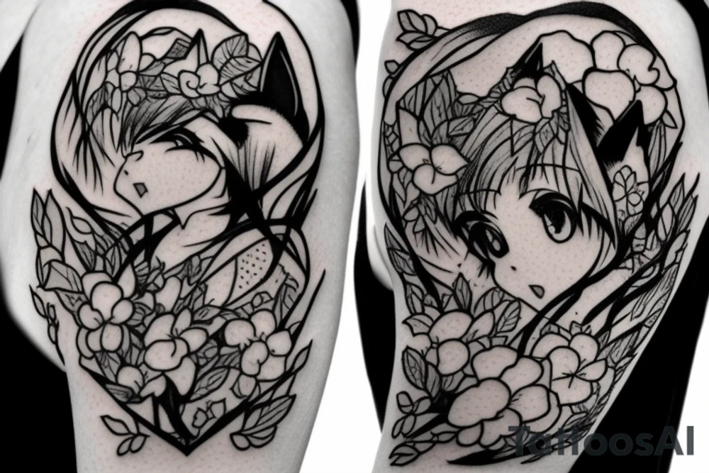 Anime fox girl, surrounded by sakura trees, close up shot, upper arm tattoo tattoo idea