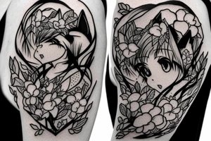 Anime fox girl, surrounded by sakura trees, close up shot, upper arm tattoo tattoo idea