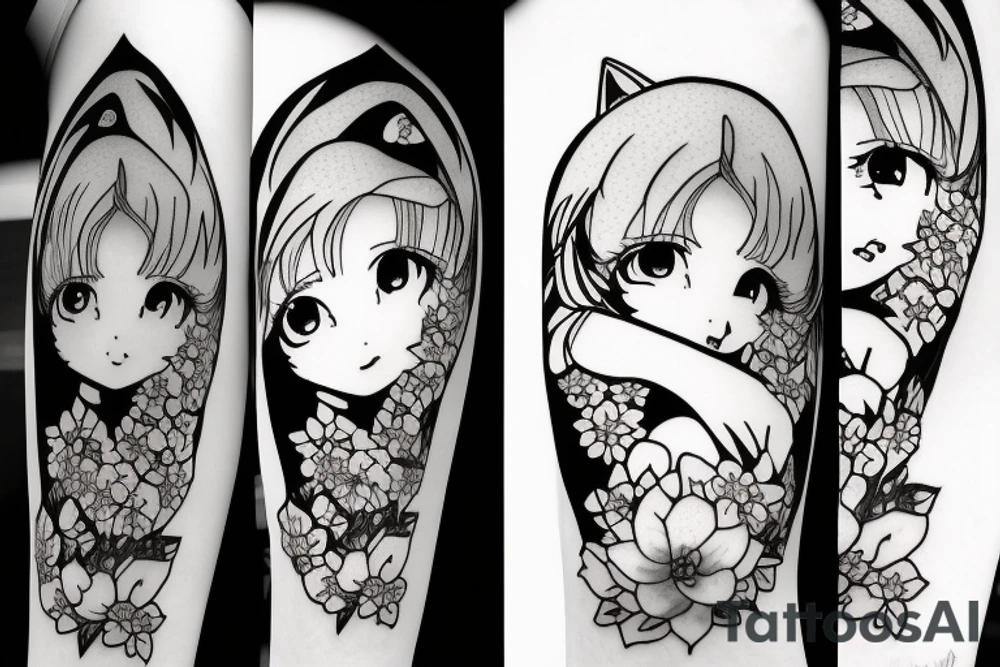 Anime fox girl, surrounded by sakura trees, close up shot, upper arm tattoo tattoo idea