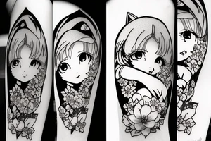 Anime fox girl, surrounded by sakura trees, close up shot, upper arm tattoo tattoo idea
