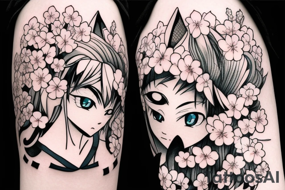 Anime fox girl, surrounded by sakura trees, close up shot, upper arm tattoo tattoo idea