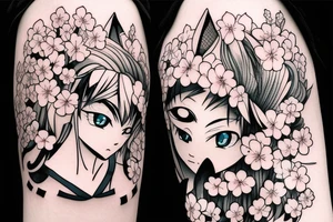 Anime fox girl, surrounded by sakura trees, close up shot, upper arm tattoo tattoo idea