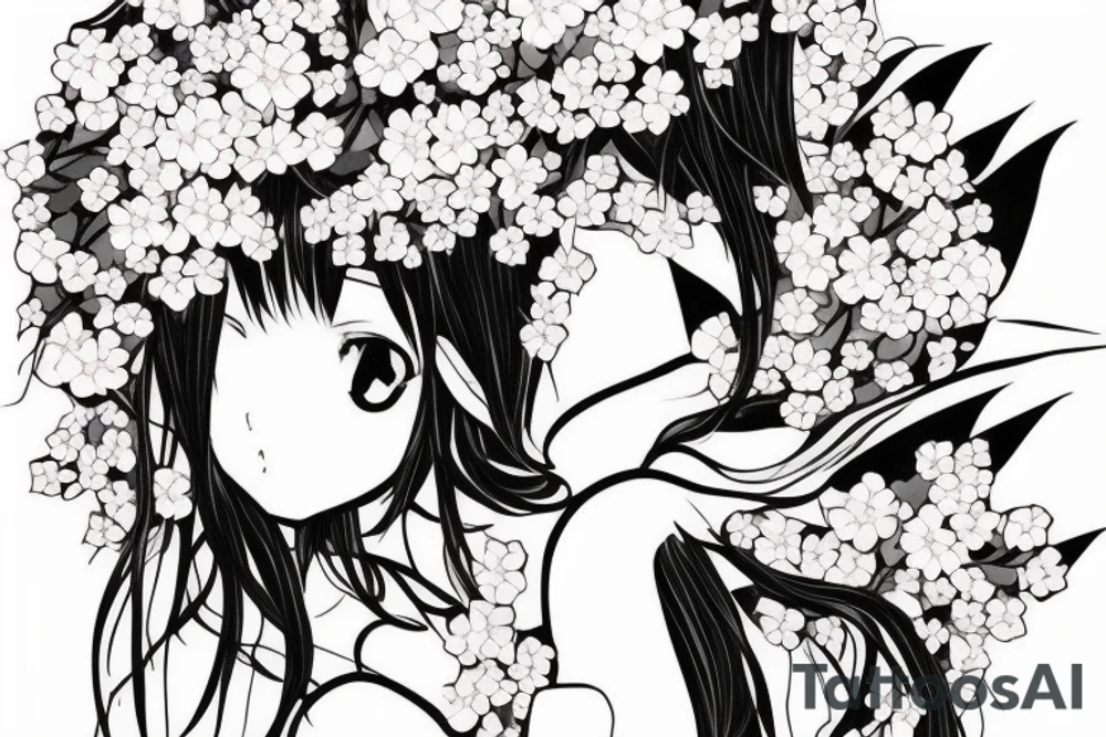 Anime fox girl, surrounded by sakura trees, close up shot, upper arm tattoo tattoo idea