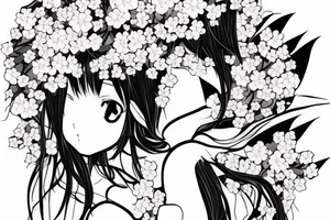 Anime fox girl, surrounded by sakura trees, close up shot, upper arm tattoo tattoo idea
