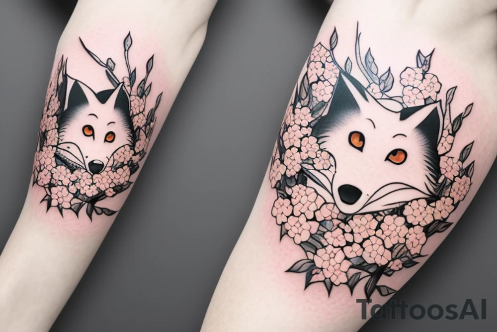 Anime fox girl, surrounded by sakura trees, close up shot, upper arm tattoo tattoo idea