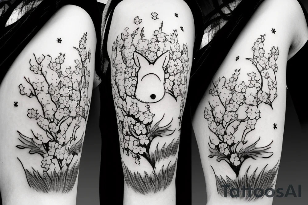 Anime fox girl, surrounded by sakura trees, close up shot, upper arm tattoo tattoo idea
