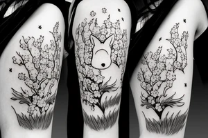 Anime fox girl, surrounded by sakura trees, close up shot, upper arm tattoo tattoo idea