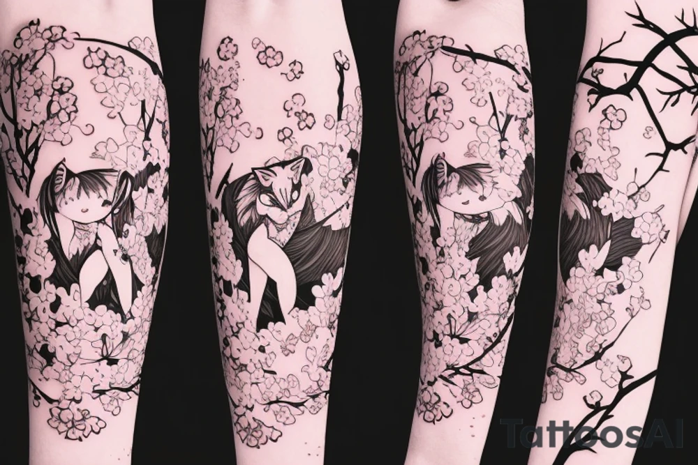 Anime style fox girl, holding katana, surrounded by sakura trees, close up shot, upper arm tattoo tattoo idea