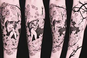 Anime style fox girl, holding katana, surrounded by sakura trees, close up shot, upper arm tattoo tattoo idea