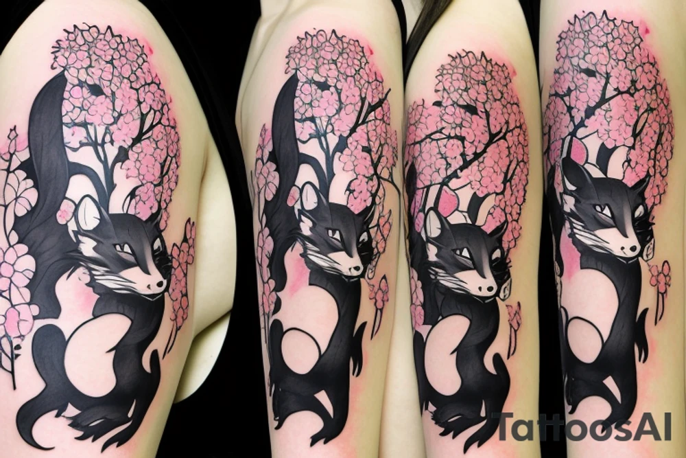 Anime style fox girl, holding katana, surrounded by sakura trees, close up shot, upper arm tattoo tattoo idea