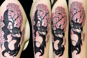 Anime style fox girl, holding katana, surrounded by sakura trees, close up shot, upper arm tattoo tattoo idea