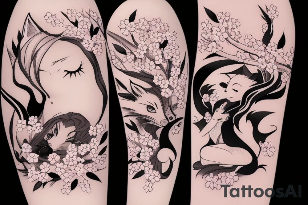 Anime style fox girl, holding katana, surrounded by sakura trees, close up shot, upper arm tattoo tattoo idea