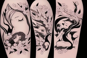 Anime style fox girl, holding katana, surrounded by sakura trees, close up shot, upper arm tattoo tattoo idea