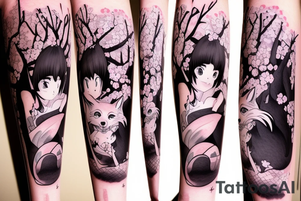 Anime style fox girl, holding katana, surrounded by sakura trees, close up shot, upper arm tattoo tattoo idea