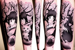 Anime style fox girl, holding katana, surrounded by sakura trees, close up shot, upper arm tattoo tattoo idea