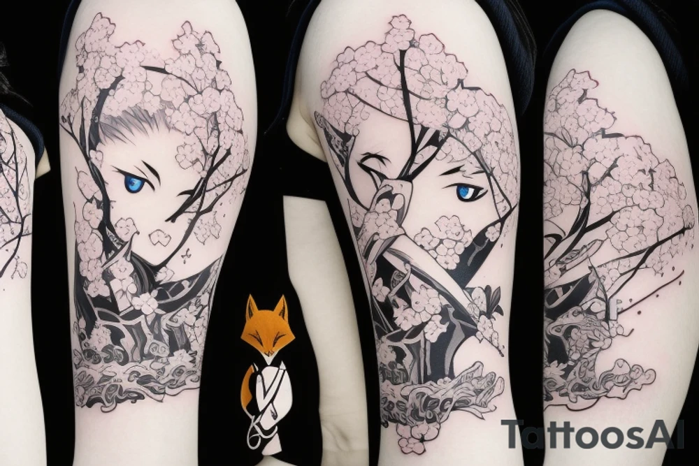 Anime style fox girl, holding katana, surrounded by sakura trees, close up shot, upper arm tattoo tattoo idea