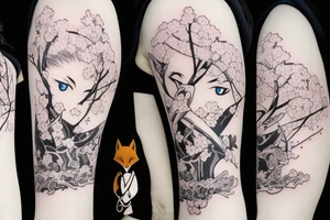 Anime style fox girl, holding katana, surrounded by sakura trees, close up shot, upper arm tattoo tattoo idea