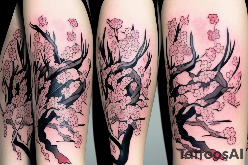 Anime style fox girl, holding katana, surrounded by sakura trees, close up shot, upper arm tattoo tattoo idea