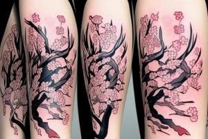 Anime style fox girl, holding katana, surrounded by sakura trees, close up shot, upper arm tattoo tattoo idea