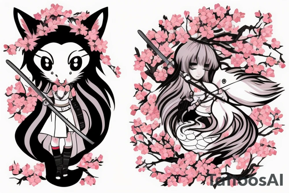 Anime style fox girl, holding katana, surrounded by sakura trees, close up shot, upper arm tattoo tattoo idea