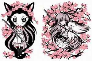 Anime style fox girl, holding katana, surrounded by sakura trees, close up shot, upper arm tattoo tattoo idea