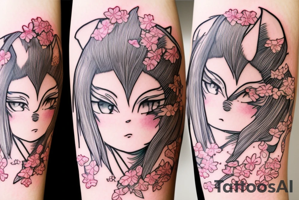 Anime style fox girl, holding katana, surrounded by sakura trees, close up shot, upper arm tattoo tattoo idea