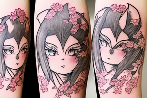 Anime style fox girl, holding katana, surrounded by sakura trees, close up shot, upper arm tattoo tattoo idea