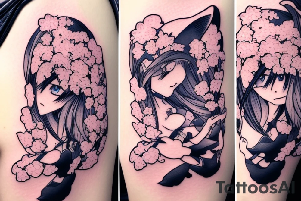 Anime style fox girl, holding katana, surrounded by sakura trees, close up shot, upper arm tattoo tattoo idea