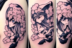 Anime style fox girl, holding katana, surrounded by sakura trees, close up shot, upper arm tattoo tattoo idea