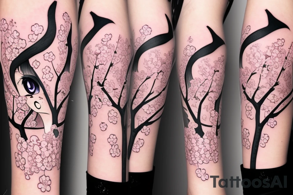 Anime style fox girl, holding katana, surrounded by sakura trees, close up shot, upper arm tattoo tattoo idea
